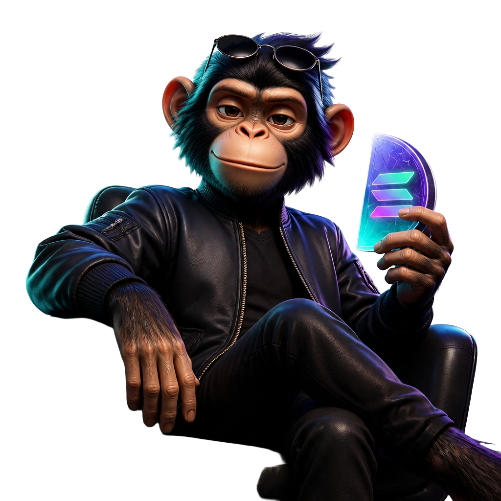The HALF SOLANA monkey mascot sitting relaxed, holding half of a Solana-style coin