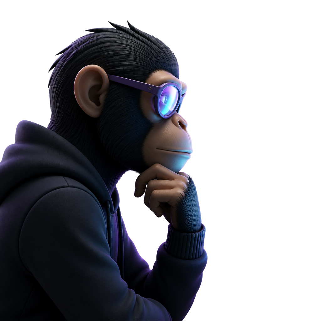The HALF SOLANA monkey watching a trading chart, thinking before acting